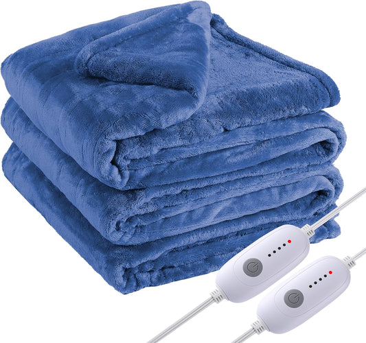 Electric Heated Blanket Queen Size 84"x90", Dual Controllers, Cozy Large Oversized, 5 Heating Levels & 10 Hours Auto Off, Cozy for Bed, Sofa, & Office, Machine Washable, Denim Blue