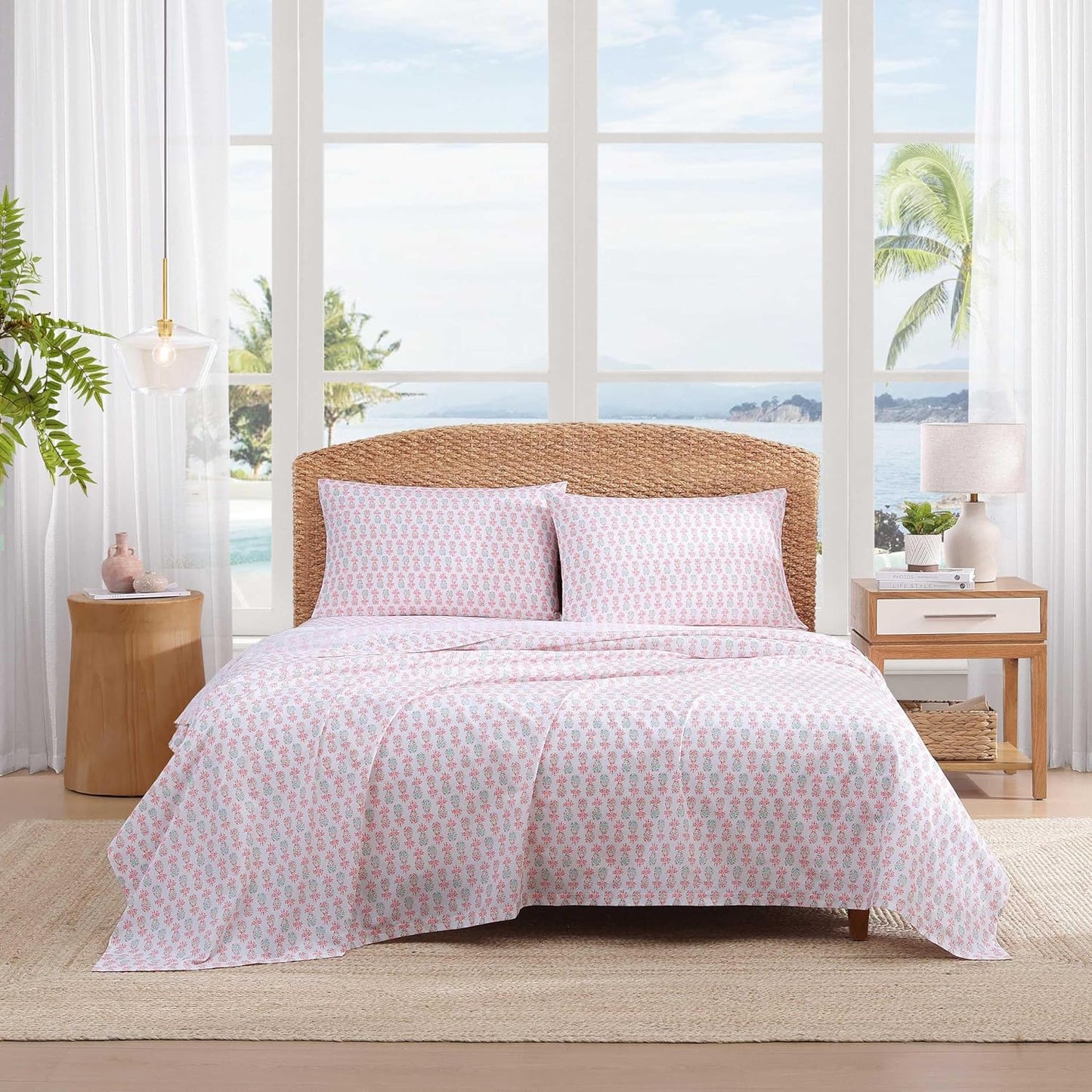Tommy Bahama - Queen Sheets, Cotton Percale Coastal Bedding Set with Matching Pillowcases, Crisp & Cool, Coastal Room Essentials (Pineapple Splash Pink, Queen)