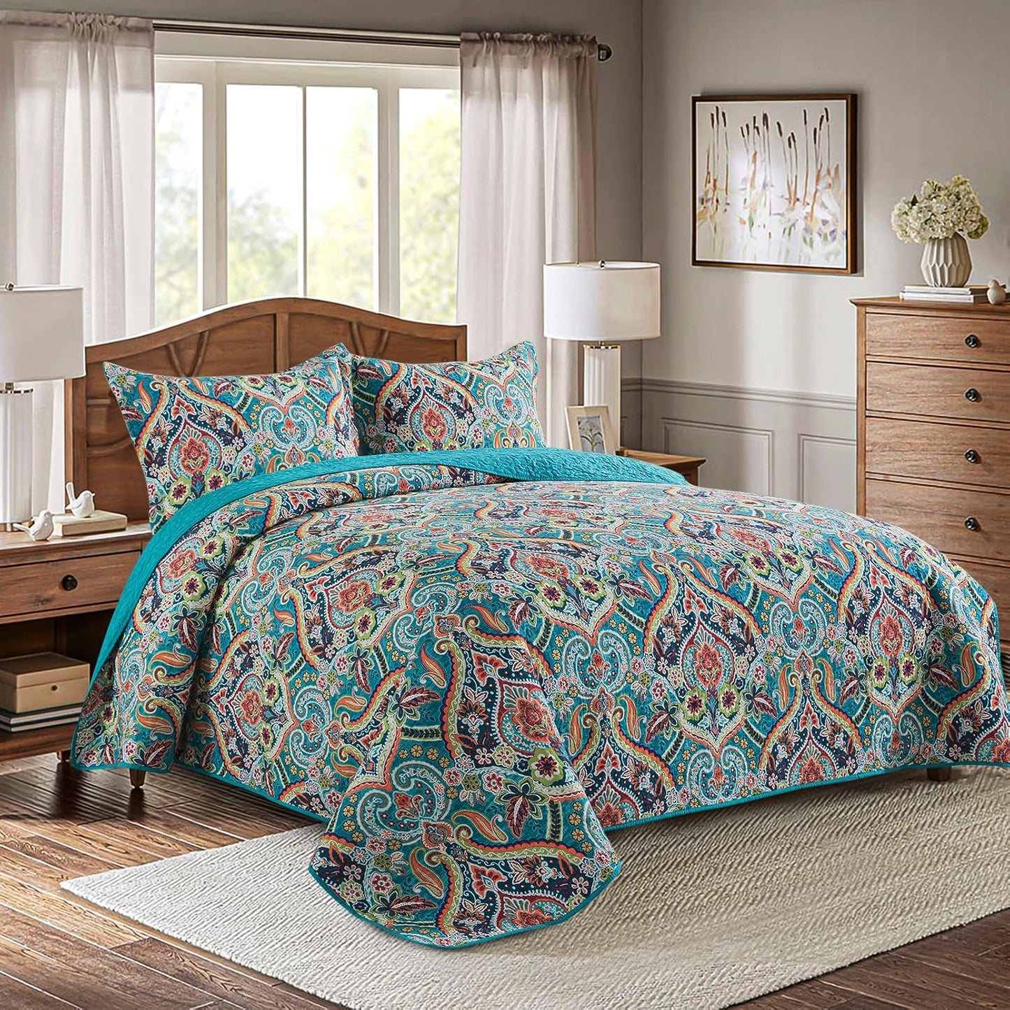 BEDIFANY Cotton Oversized King Size Quilt - Lightweight King Size Quilt Bedding Set for a Comfortable Sleep - Reversible Coverlet (108 * 118 in) with Boho Pattern, 3 Pieces