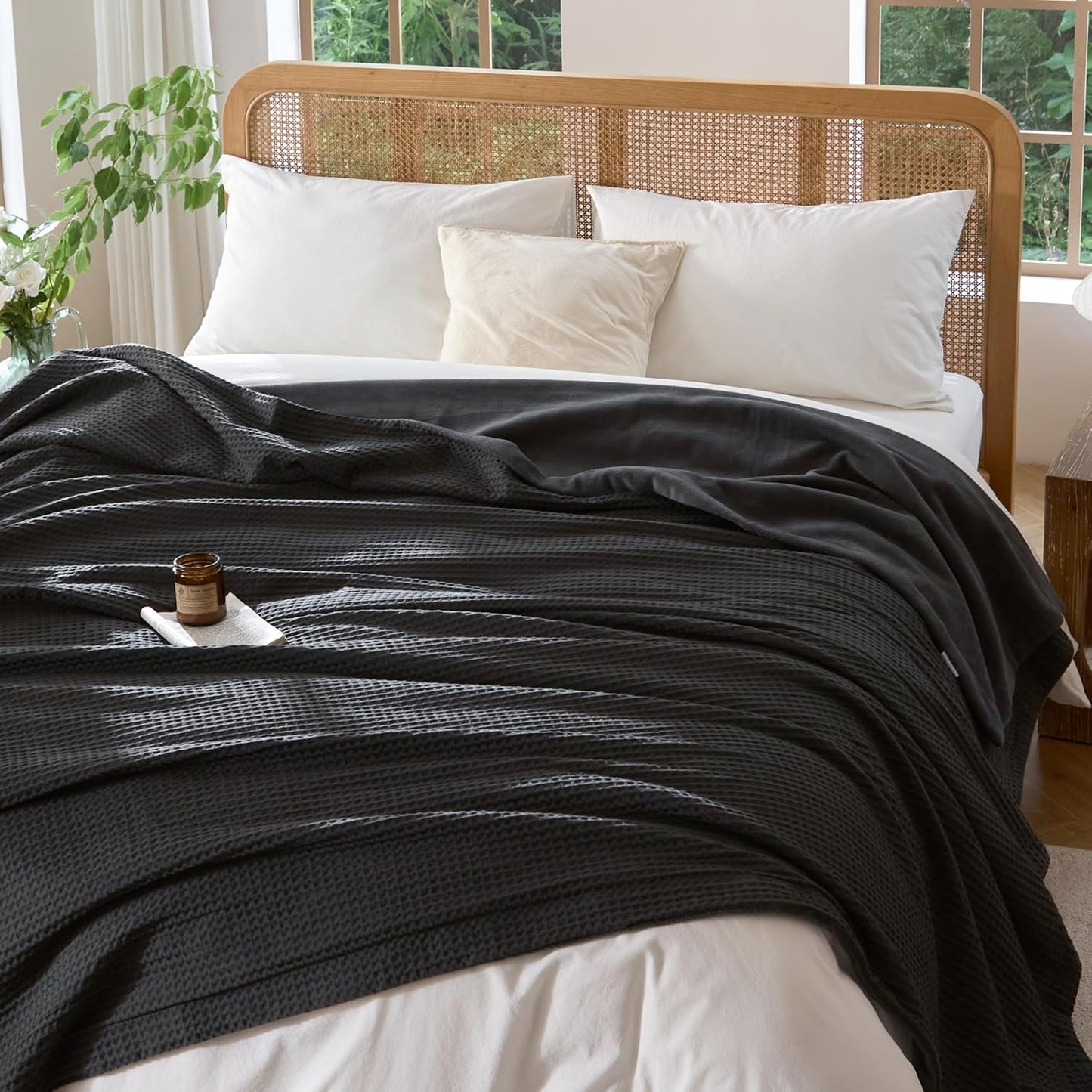 CHUFFED Cotton Waffle Blanket King Size - Plush Milk Velvet & Reversible Waffle Weave,Anti-Static 300Gsm Design，Thick Cozy Soft Winter Blanket for Bed, Couch, Sofa - Dark Grey, 104x90 Inches