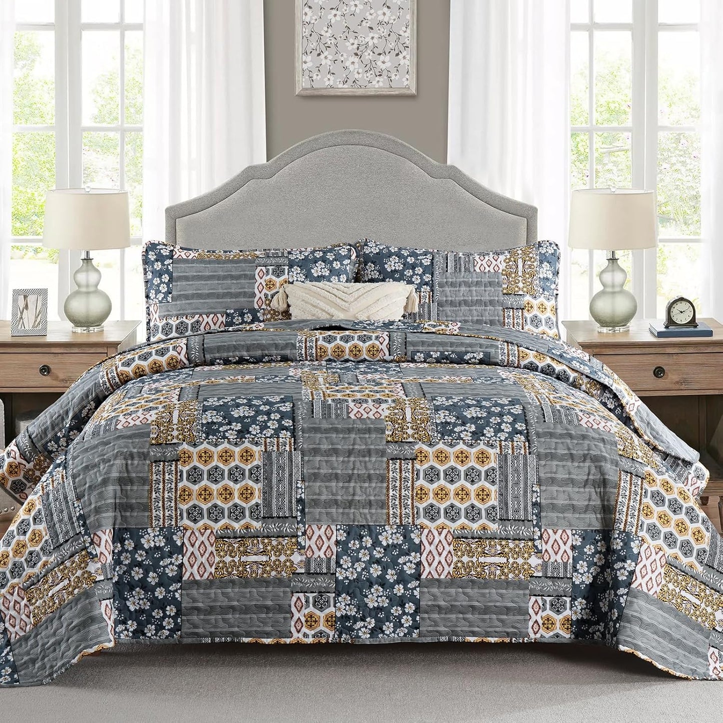Mybedsoul Dark Grey Quilt Set King Size, 3 Pieces Plaid Floral Bedspread Set Patchwork Reversible Bedding Set Microfiber Lightweight Bedspread Coverlet Set for All Season 110"x90"