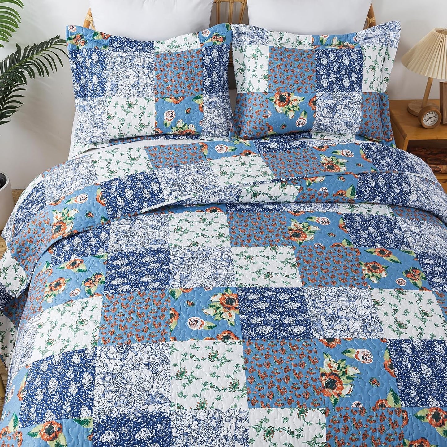 BEDIFANY Quilts Queen Size Bedding Set - Cotton-Filled Lightweight Bedspreads Queen Size (90 x 98 inch) with Garden Pattern - Reversible Farmhouse Queen Quilt Bedding Sets for Decorations, 3 Pieces