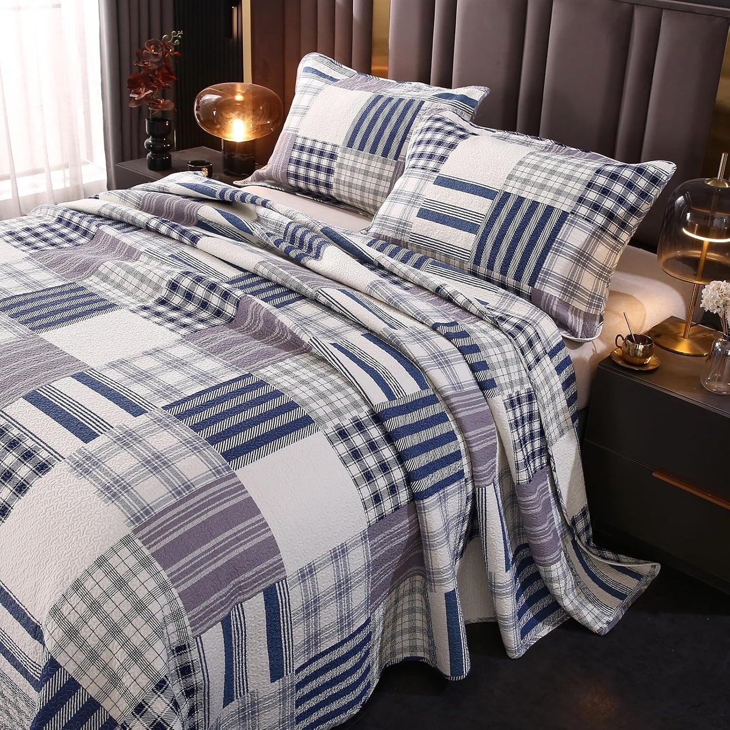 vctops Cotton Quilted Patchwork Quilt Set Queen Size Farmhouse Blue Plaid Bedspreads Coverlet 3 Pieces Summer Lightweight 1 Quilt and 2 Pillow Shams for All Season (Plaid B,Queen)