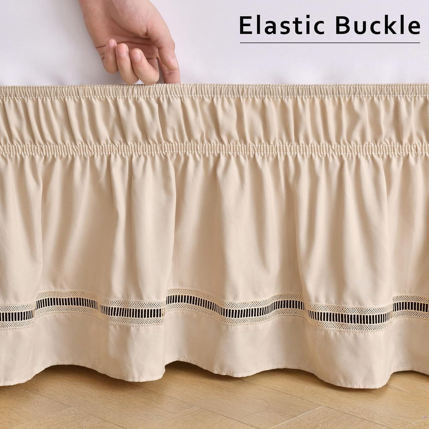 MIYE Wrap Around Ruffled Lace Bed Skirt, Elastic Dust Ruffle with Adjustable Belts, Easy to Put On, Bed Frame Cover, Machine Washable (Ruffled Lace/Beige, Full/Twin-15 Drop)