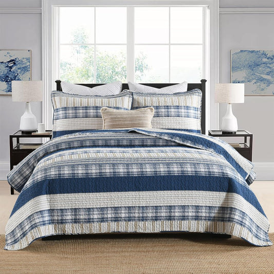 Homzard Queen Comforter Set - Blue White Tan Striped Queen Size Comforter Set,100% Cotton Plaid Quilts Queen Size Bedding Set, Farmhouse Bedspread Lightweight Bedding 3 Pieces All Season