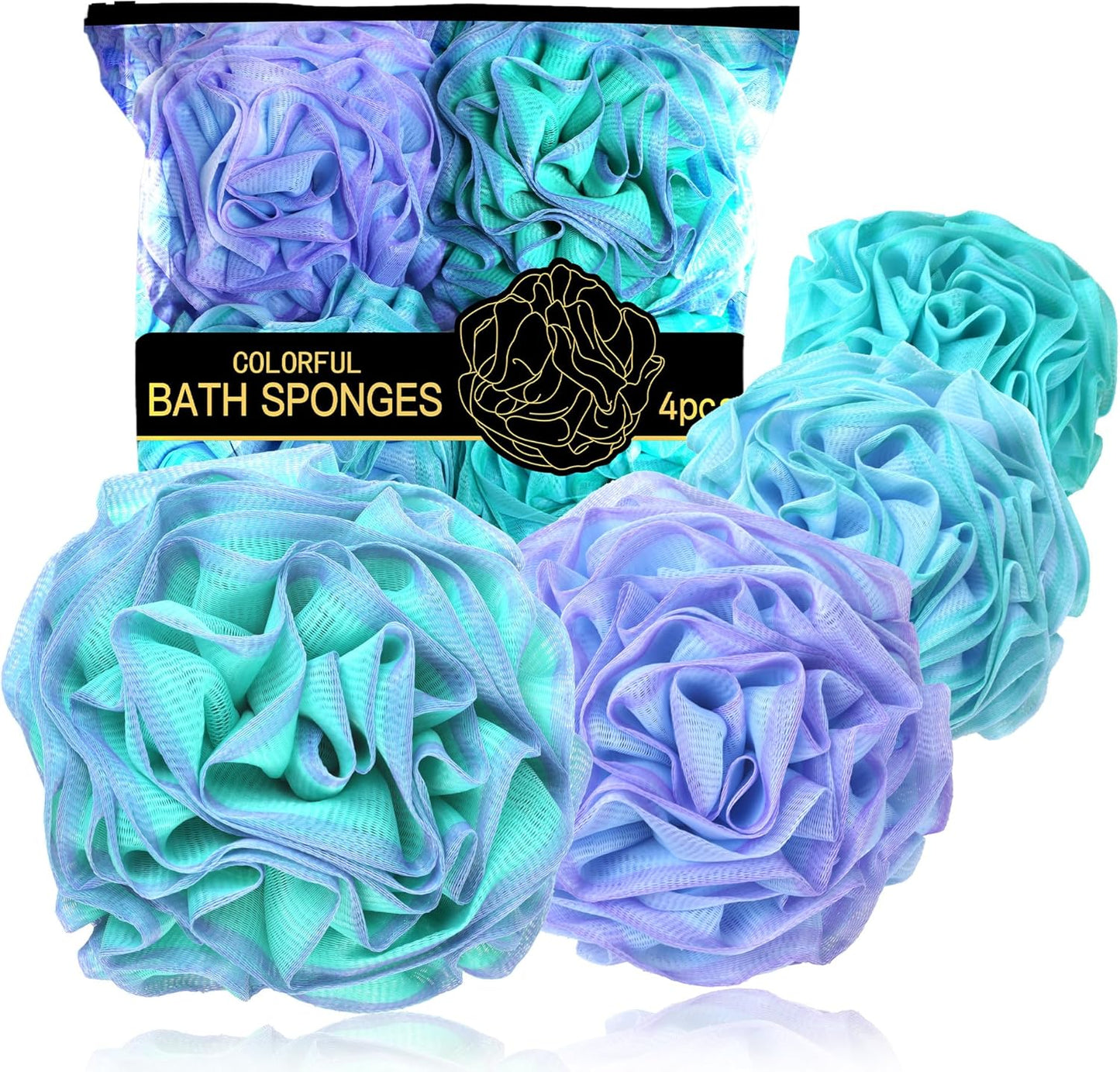 Large Bath Sponge Pouf 70g, 6.3 Inch Exfoliating Shower Loofah, Soft Durable PE Mesh with Reinforced Knotting, Rich Lather Body Wash Scrubber, 4-Pack Elegant Colors Gift Set（A-4Pcak）