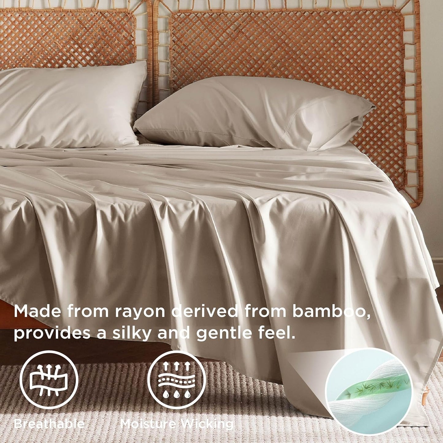 Bedsure King Size Sheets Set, Cooling Sheets for Hot Sleepers, Rayon Derived from Bamboo, Breathable & Soft, Deep Pocket Up to 16 Inches, Hotel Luxury Silky Bedding, Simply Taupe