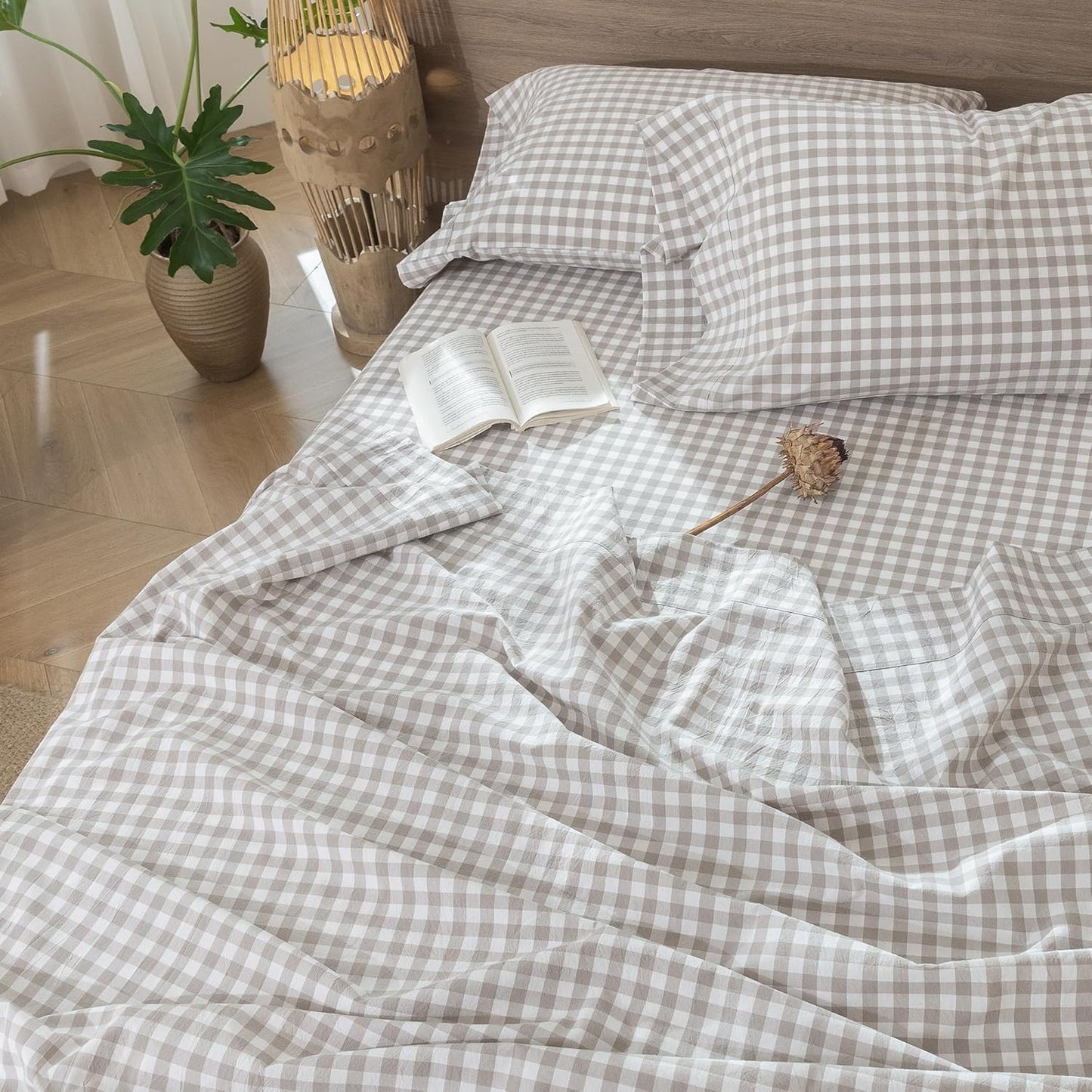 MooMee Gingham Sheet Set 100% Washed Cotton Linen Like Textured Breathable Soft w/Fully Elasticized 16-19" Deep Pocket (Classic Gingham Tannish Linen Grey, Queen)