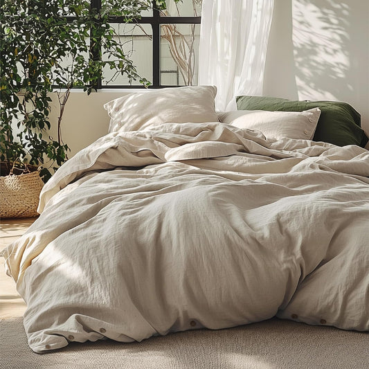 Bedsure Linen Duvet Cover Queen Size - Linen Cotton Blend Bedding Set, Soft & Cozy, 3 Pieces, 1 Duvet Cover 90x90 Inches and 2 Pillowcases, Light Khaki Color Cooling Bedding, Comforter Sold Separately