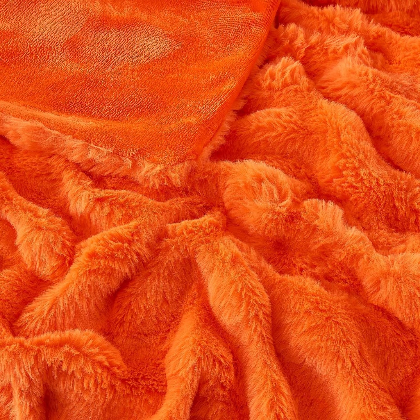 Fluffy Luxury Faux Rabbit Fur Bubble Blanket - Warm & Cozy Fuzzy Plush Thick Decorative Throw Blanket for Bed, Sofa - Queen Size 90''x90'', Orange
