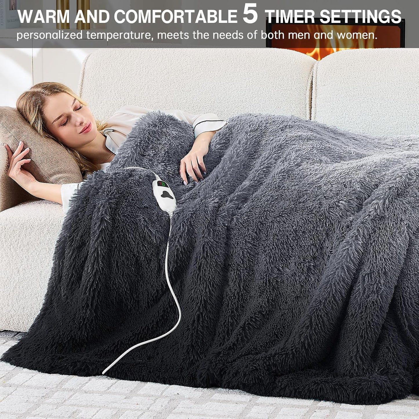 Heated Electric Blanket Throw–Faux Fur with Soft Thick Sherpa,Warm Winter Birthday Gifts for Women Grandma，10 Heat Settings,5 Time Settings with Fast Heating, 50x60, Midnight Black