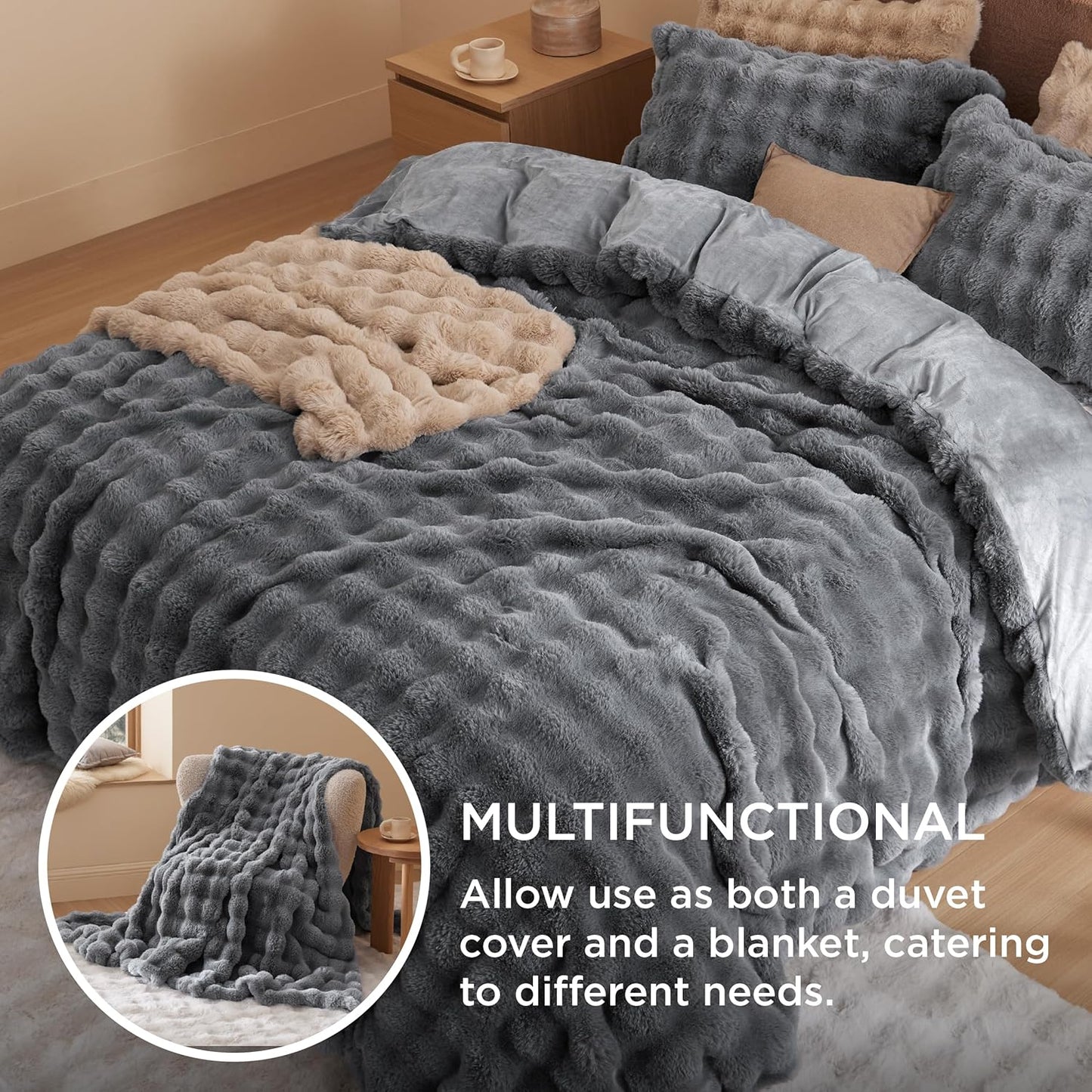 Bedsure Luxurious Faux Fur Duvet Cover Queen Size Set - Ultra Soft & Fluffy & Cozy & Warm - Elegant Shaggy Bubble Design Bedding with Duvet Cover and Pillow Shams, Grey