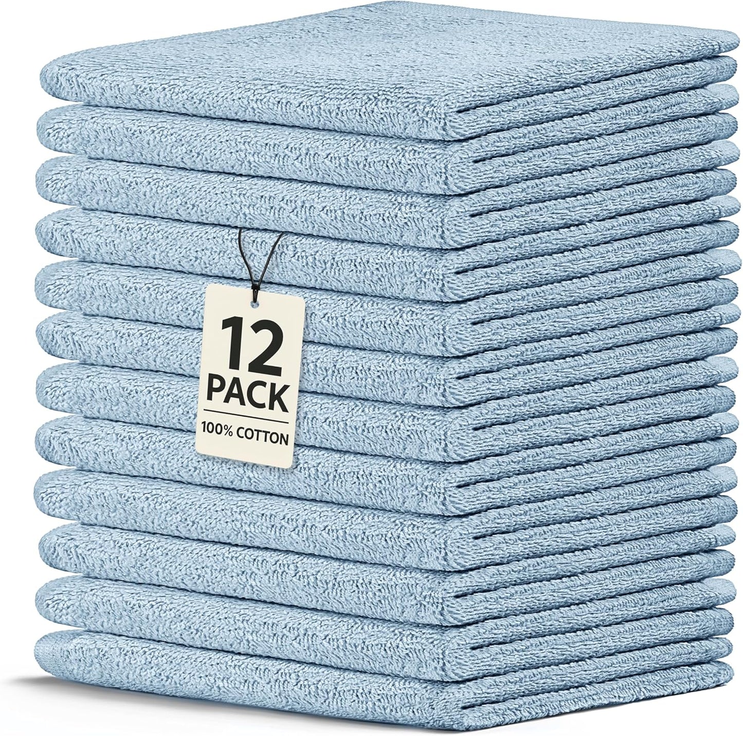 Crystal Ridge Cotton Wash Cloths 12 Pack - Washcloths for Showering, Face and Body, Soft and Highly Absorbent Multipurpose Towels for Bathroom, Kitchen, Spa and Gym - Wash Rags 12 x12 (Lt Blue)