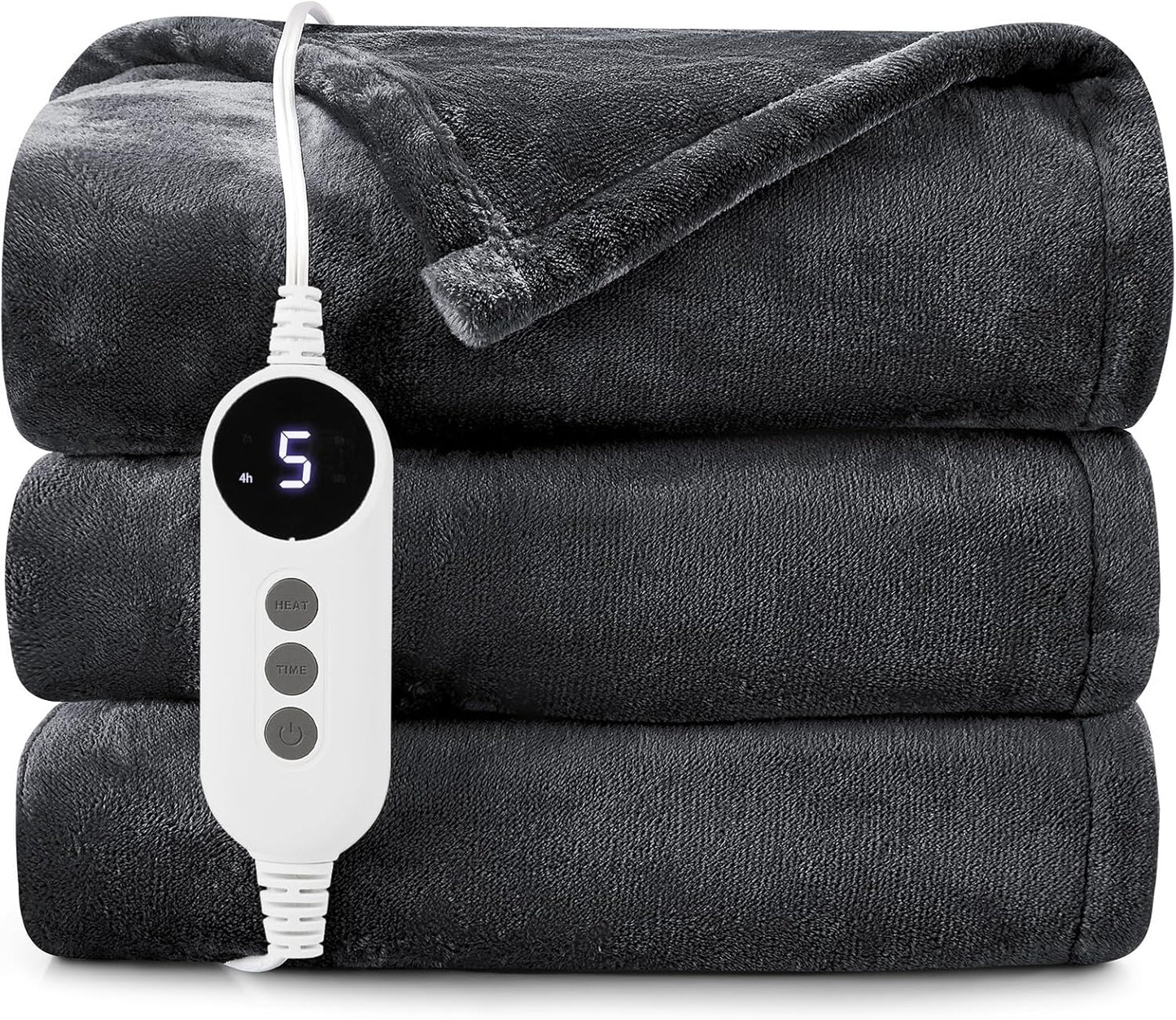 HYLEORY Heated Electric Blanket Throw, 2-Layer Cozy Warm Flannel 62" x 84", Heating Blanket with 9 Heating Levels, 2/4/6/10 Hours Auto Off, Fast Heating Winter Blanket, Dark Grey