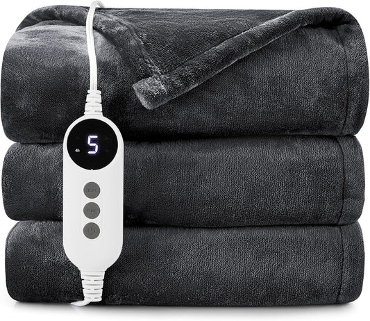 HYLEORY Heated Electric Blanket Throw, 2-Layer Cozy Warm Flannel 50" x 60", Heating Blanket with 9 Heating Levels, 2/4/6/10 Hours Auto Off, Fast Heating Winter Blanket, Dark Grey