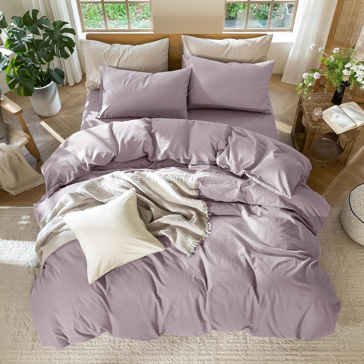 MooMee Bedding Duvet Cover Set 100% Washed Cotton Linen Like Textured Breathable Durable Soft Comfy (Solid Taro Purple, Alaska King 132"x120")
