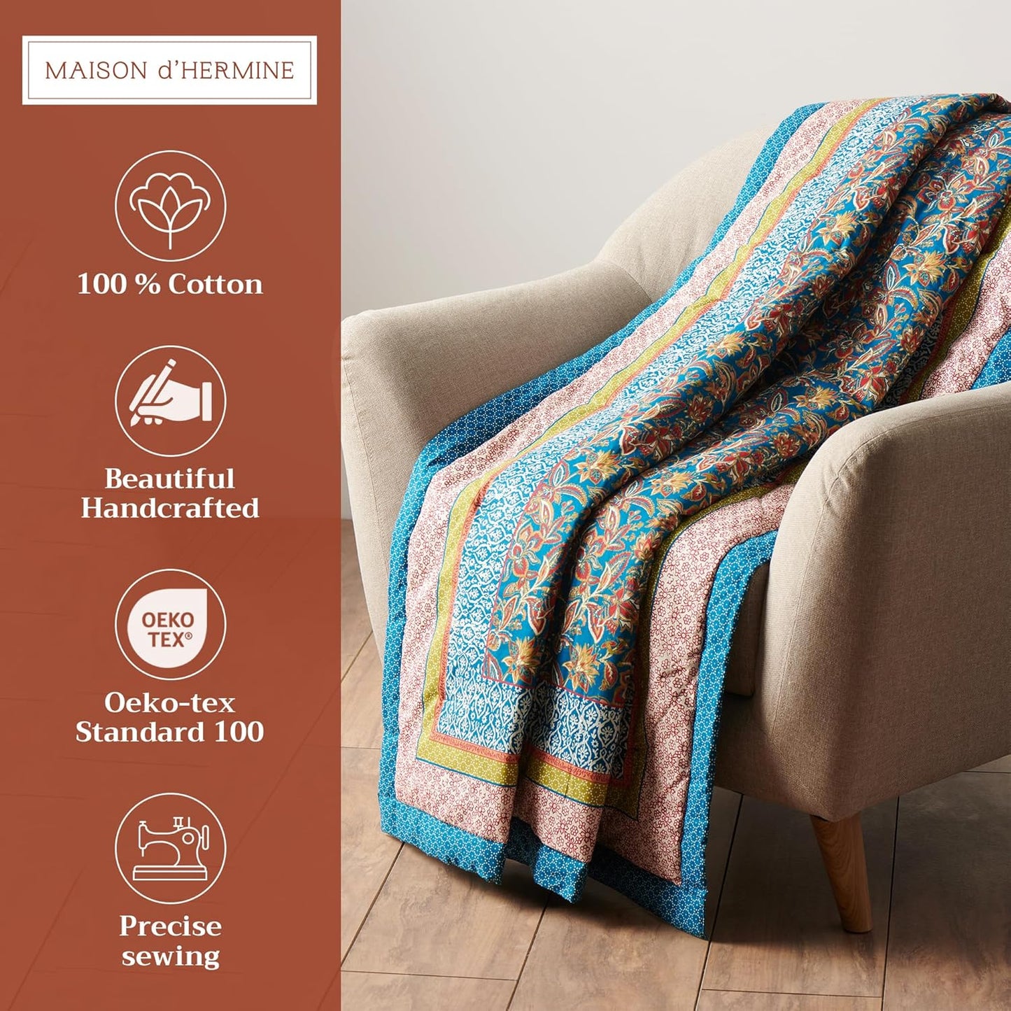 Maison d' Hermine Throw Blanket for Couch Lightweight Soft Warm Breathable Cotton Throw Blankets for Bed Girls Boys Women Men Gifts Sofa Travel Living Room Chair Bedding (60"x80", Kerala)