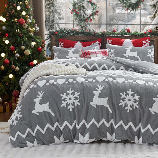 Bedsure Fluffy Christmas Duvet Cover Set - Ultra Soft Plush Shaggy Comforter Cover Queen Size, Warm Flannel Fleece Bed Sets for Winter, 3 Pieces, Reindeer Pattern, Grey