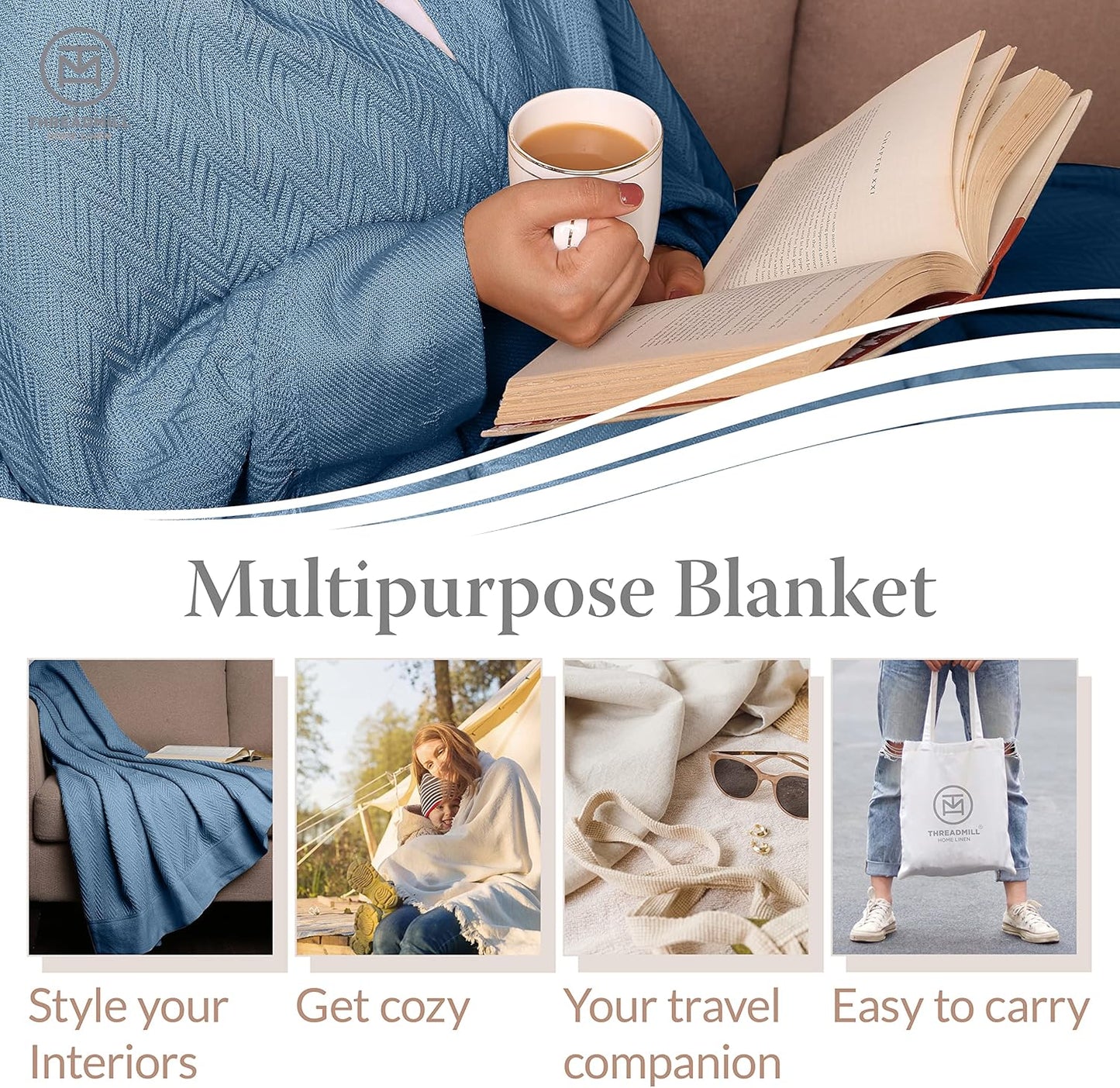 Threadmill Luxury Cotton Blankets for Queen Size Bed | All-Season 100% Cotton Queen Size Blanket | Herringbone Soft Breathable Fall Thermal Blanket fits Full Size Bed | Folkstone Blue