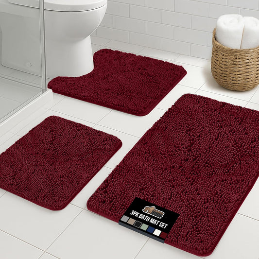 GORILLA GRIP Bathroom Rug Sets 3 Piece, Bath Mat Set and Oval Toilet Base with Rubber Backing, Plush Absorbent Shaggy Chenille Washable Mats, Includes 24x19.5, 24x17 and 30x20 Inch Rugs, Burgundy