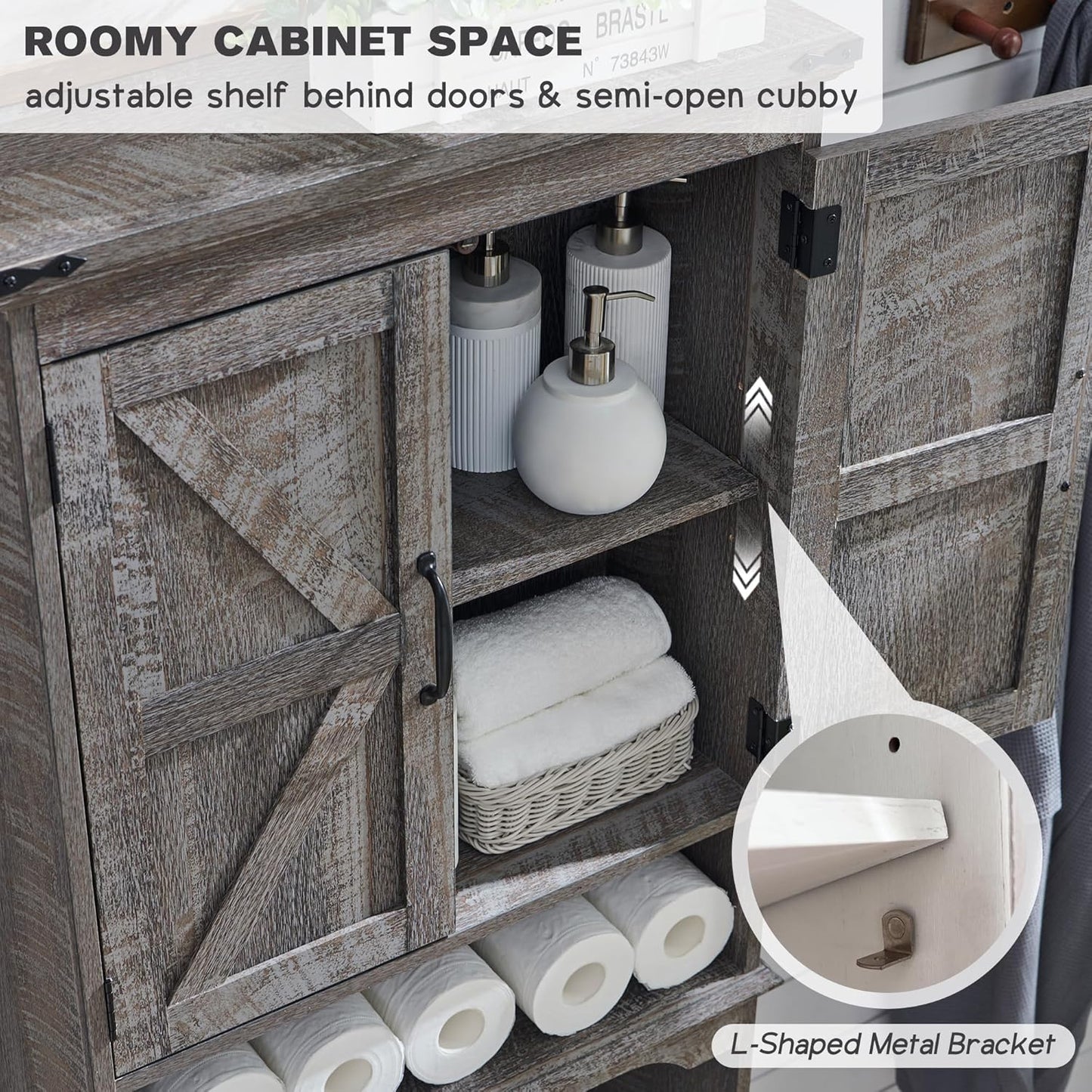 ACCOHOHO Over The Toilet Storage Cabinet, Farmhouse Bathroom Cabinet with Adjustable Shelf & Barn Door, 67" Tall Over The Toilet Shelf, Grey Wash