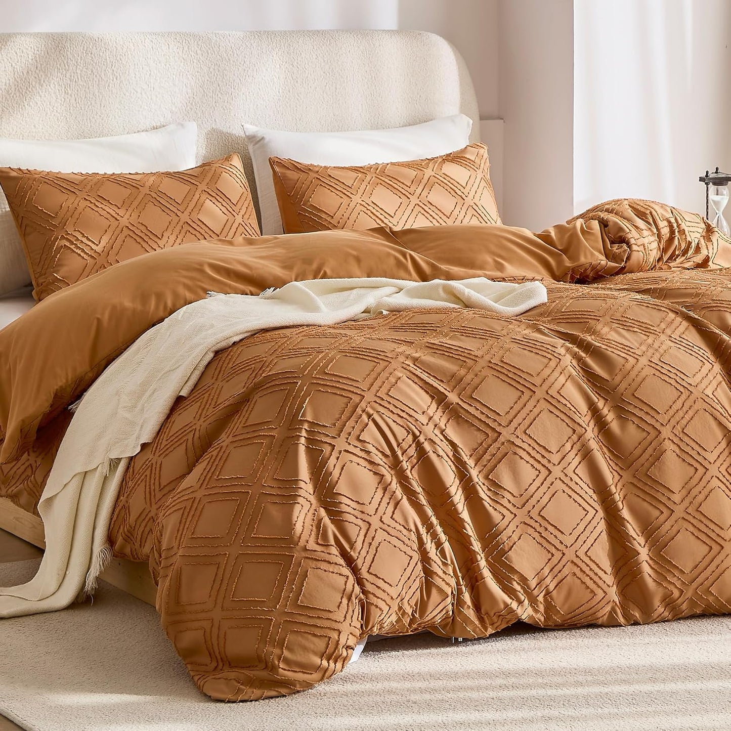 JELLYMONI Duvet Cover King Size Rust - 3PCS Boho Duvet Cover Set Plaid Polyester Tufted Bohemian Jacquard Knit Textured Comforter Cover 104×90in Rhombic Geometric Pattern Zipper Corner Tie