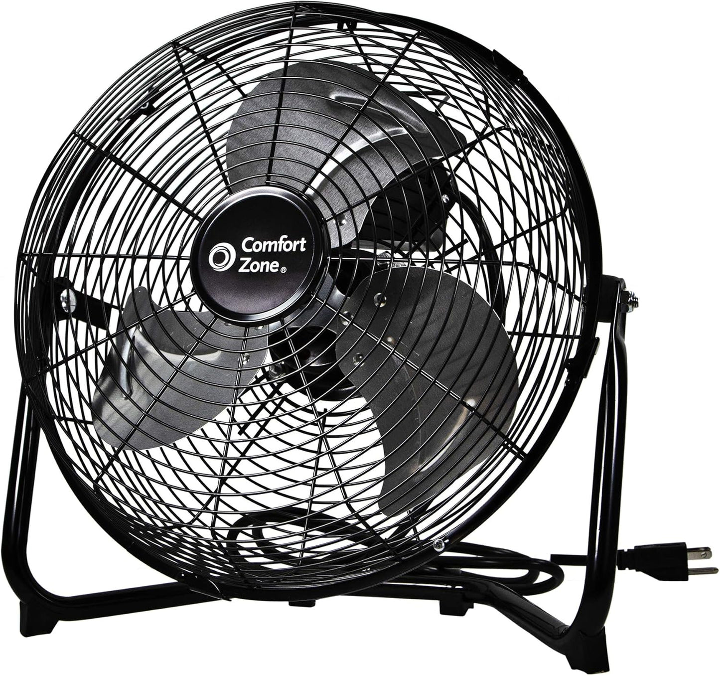 Comfort Zone 12 inch Cradle Fan, 3 Speed Floor or Table Fan with180 Degree Tilt, Metal Construction and Aluminum Blades, Carry Handle, Rubber Feet, Ideal for Bedroom, Workshop, or Garage, Black