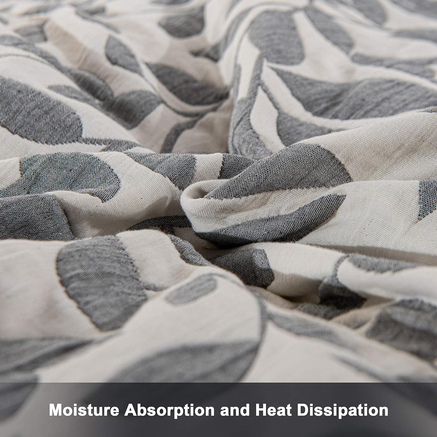 NTBAY 3 Layers Cotton Muslin 88x92 Queen Bed Blanket, Super Soft Breathable Thermal Yarn Dyed Quilt for Adults, Perfect Lightweight Blanket for Couch Sofa Bed All Seasons, Grey Leaf