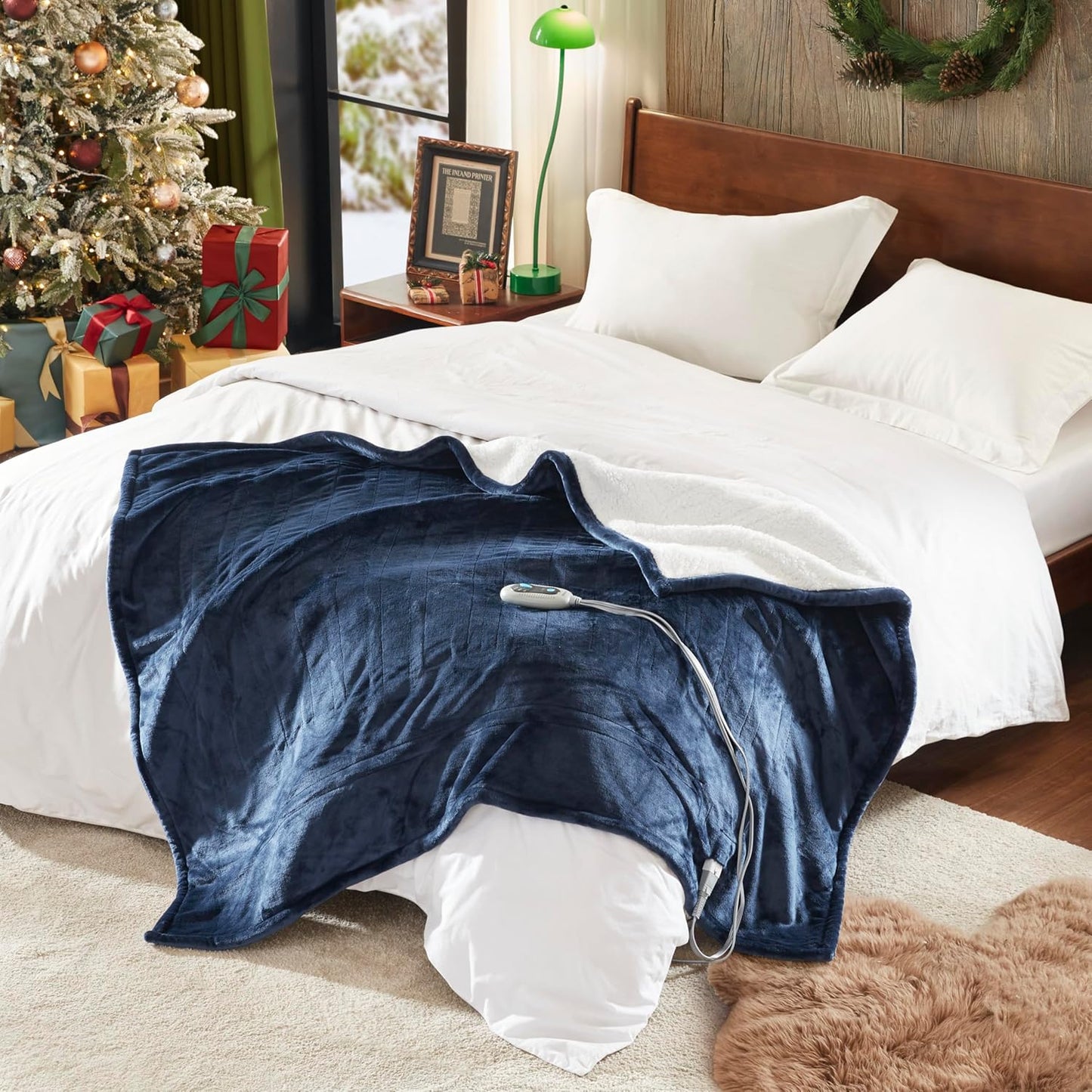 Beautyrest Auto Shut Off, Virtually Zero EMF, Multi Heat Setting, UL Certified, Machine Washable Reversible Microlight to Sherpa Electric Blanket, Full, Indigo