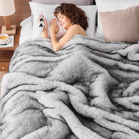 Heated Electric Blanket Throw,Octrot 50"X60" Faux Fur Heating Blanket Luxury Christmas Gifts Heavy Plush with 10 Heats Levels & 8 Hours Auto Off,Super Cozy Warm Fuzzy,Fluffy Decor Winter Warming,Grey