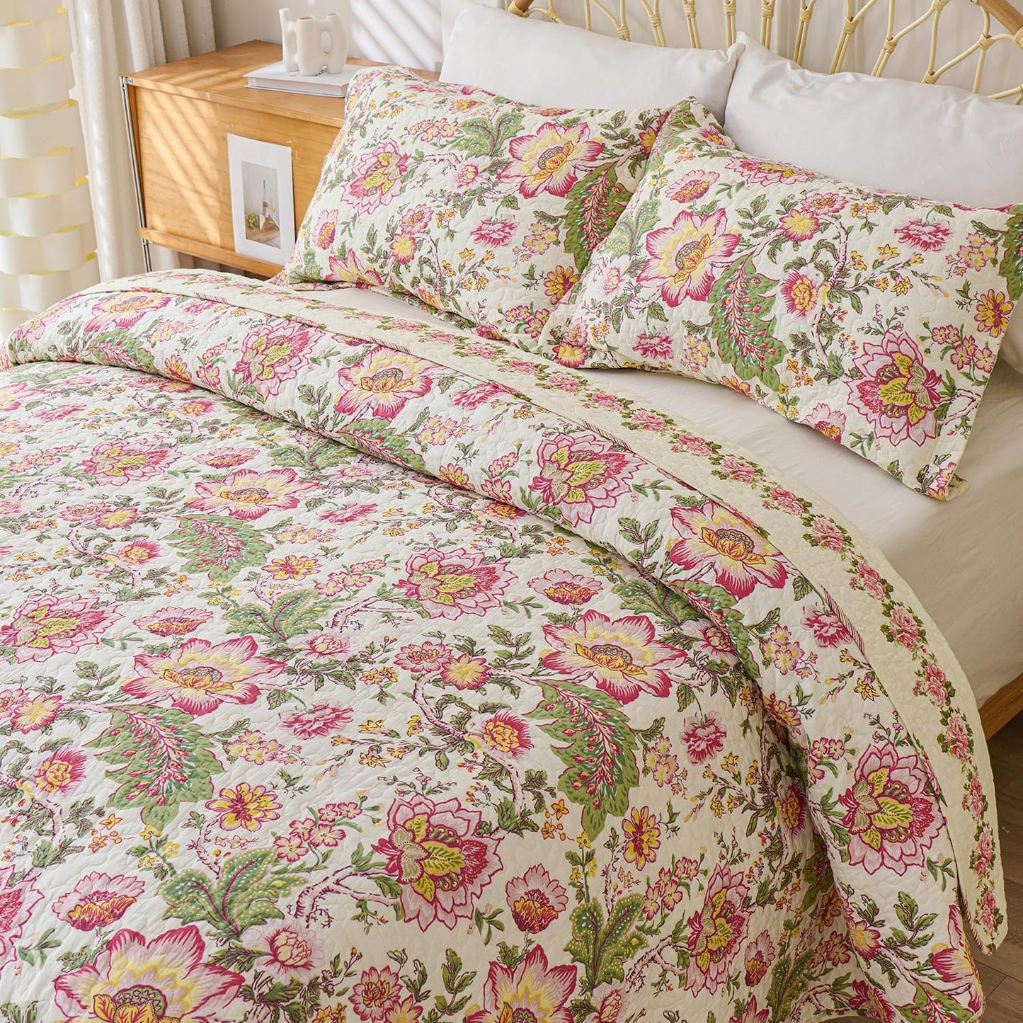Cmfshape Floral Quilt Sets Bedspread Set 100% Cotton Bedding Set, All Season Use Lightweight Reversible Coverlet Quilts with 2 Pillow Shams(Queen 92"x96")