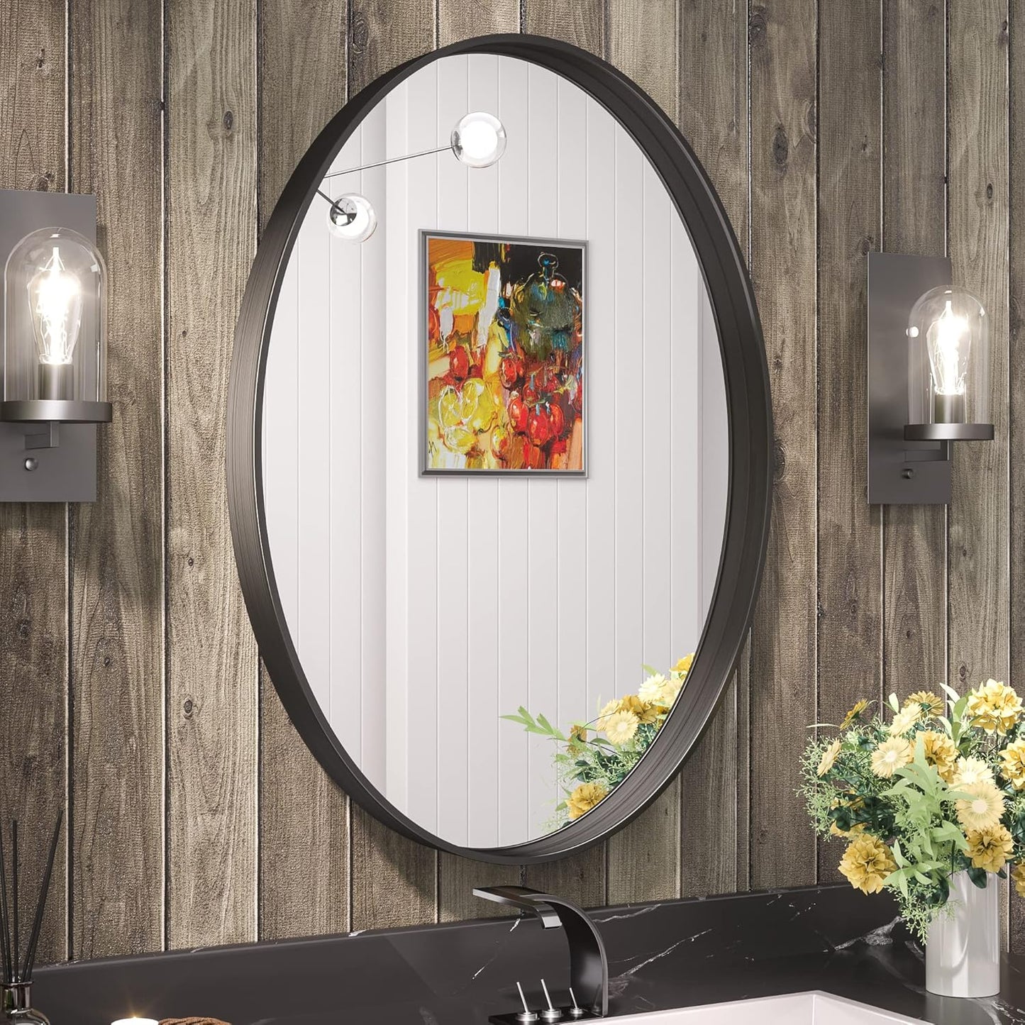 TETOTE Black Oval Mirror for Bathroom, 22 x 30 Matte Black Framed Oval Wall Mirror for Vanity, Modern Decorative Shatterproof Mirrors for Entryway, Living Room, Bedroom