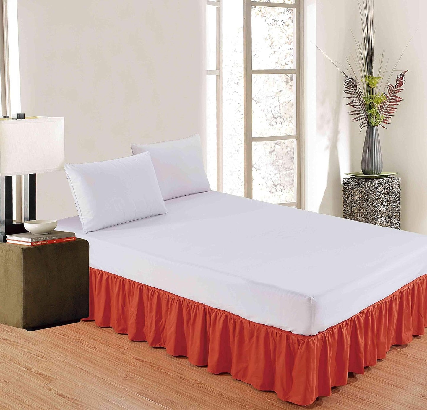 Sheets & Beyond Wrap Around Solid Microfiber Luxury Hotel Quality Fabric Bedroom Gathered Ruffled Bedding Bed Skirt 14 Inch Drop (Twin, Orange)