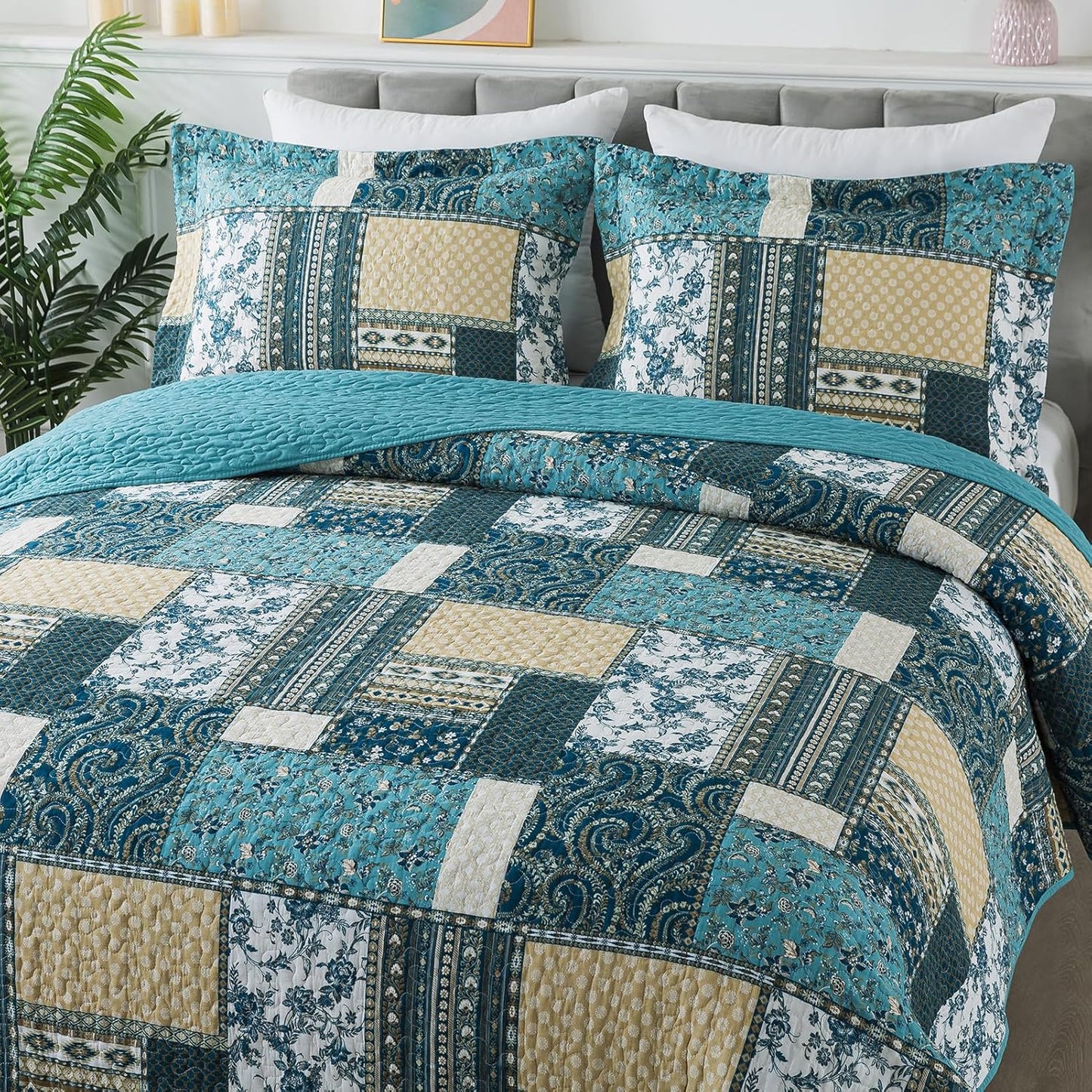 BEDIFANY Cotton Queen Size Quilt Sets, Lightweight Bedspread Queen Size Coverlet Boho Queen Quilt, Soft Farmhouse Queen Quilt Bedding Sets for Bed Decorations for All Seasons (3 Pieces, Blue)
