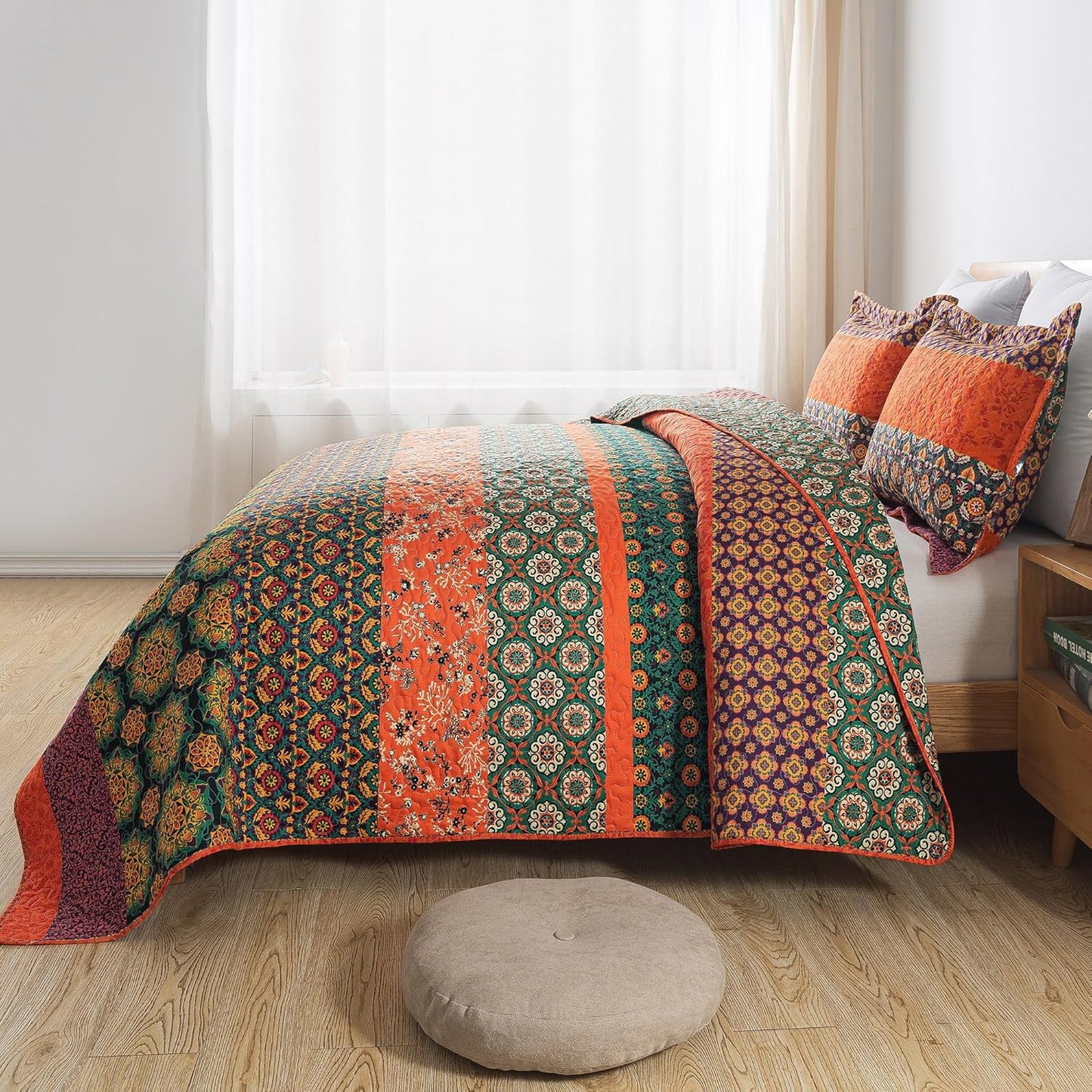 HoneiLife Quilt Sets King Size - 3 Pieces Microfiber Quilt Lightweight Bedspreads Wildflower Coverlets Retro Bed Cover King Quilt Bedding Set All Season Quilts-Pumpkin