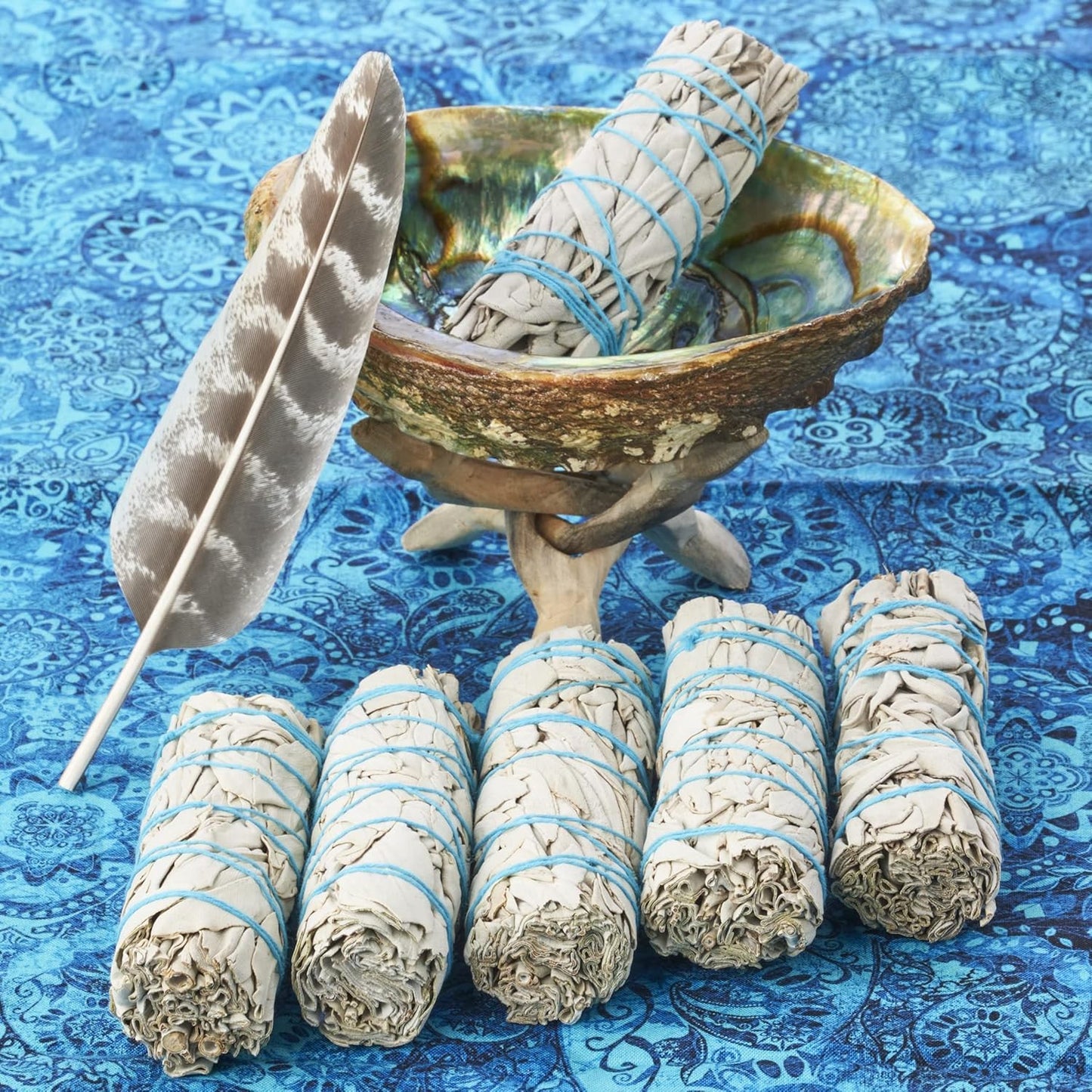 6 White Sage Smudge Kit with Feather + Abalone Shell + Stand + Instructions for Use | Spiritual Use Smoke Cleanse Ceremony Sage Bundle Smudging Kit (6 Sage Smudge Kit)