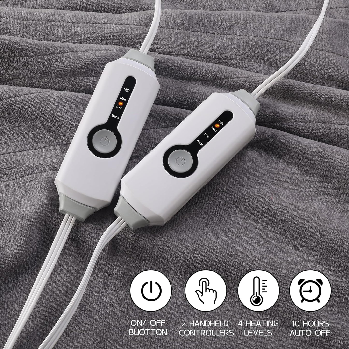 Electric Heated Blanket 84"x90" Queen Size, Soft Coral Fleece, Dual Controllers with 4 Heating Levels and 10 Hours Auto-Off, Machine Washable, Cozy Plush Fabric for Home, Light Grey