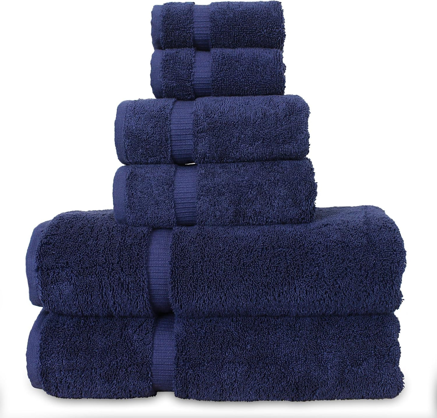 Luxury Hotel & Spa Quality Collection, Highly Absorbent & Quick Dry 100% Turkish Cotton, 750+ GSM, Eco Friendly Towel, Dobby Border Towels, 2 Bath Towel, 2 Hand Towel, 2 Washcloths (6 Piece, Navy)