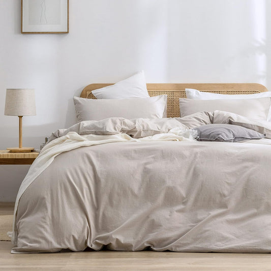 BESTOUCH Duvet Cover Set 100% Washed Cotton Linen Feel Super Soft Comfortable Chic Lightweight 3 PCs Home Bedding Set Solid Linen Grey Super King Plus
