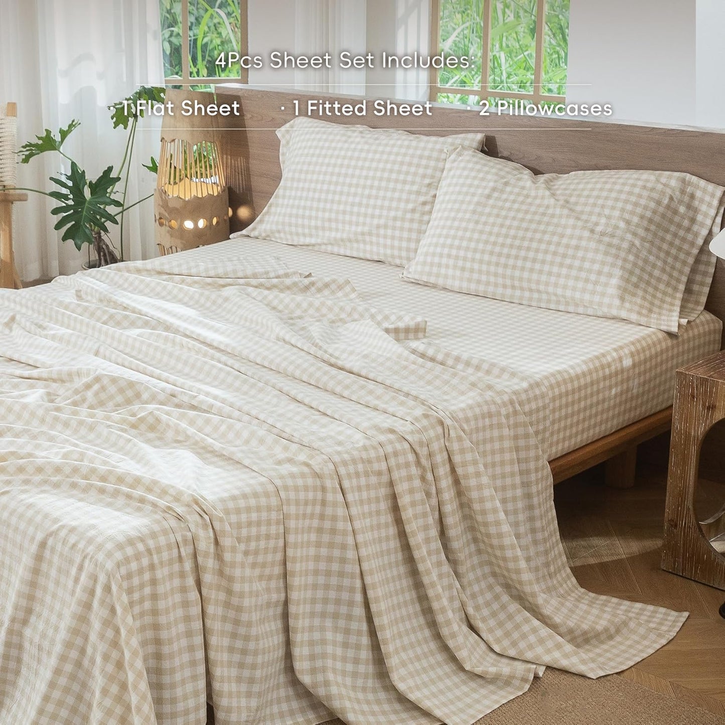 MooMee Gingham Sheet Set 100% Washed Cotton Linen Like Textured Breathable Soft w/Fully Elasticized 16-19" Deep Pocket (Classic Gingham Almond Milk Grey, King)
