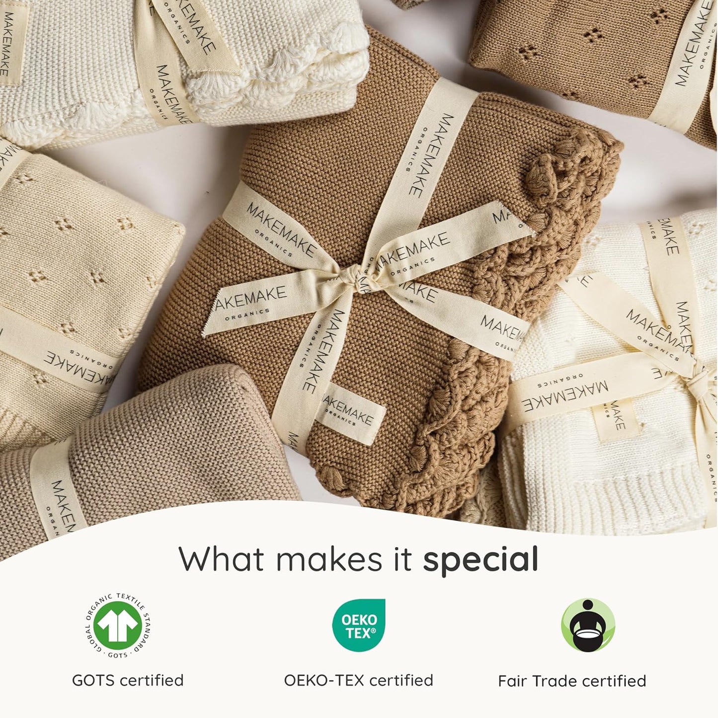 MakeMake Organics Organic Cotton Throw Blanket GOTS Certified Organic Knit Blanket Couch Bed Neutral Fall Colors Soft Cotton Throw Blanket Large (50x60, Sand)