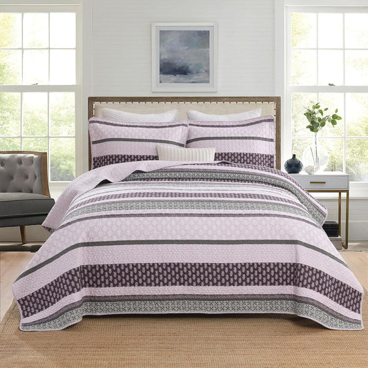 Homzard King Size Comforter Set, Cotton Quilt, Purple and Grey Bedding Set, Lightweight Striped Bedspread, Reversible Coverlet King Size (106"X98") with 2 Pillow Shams All Season