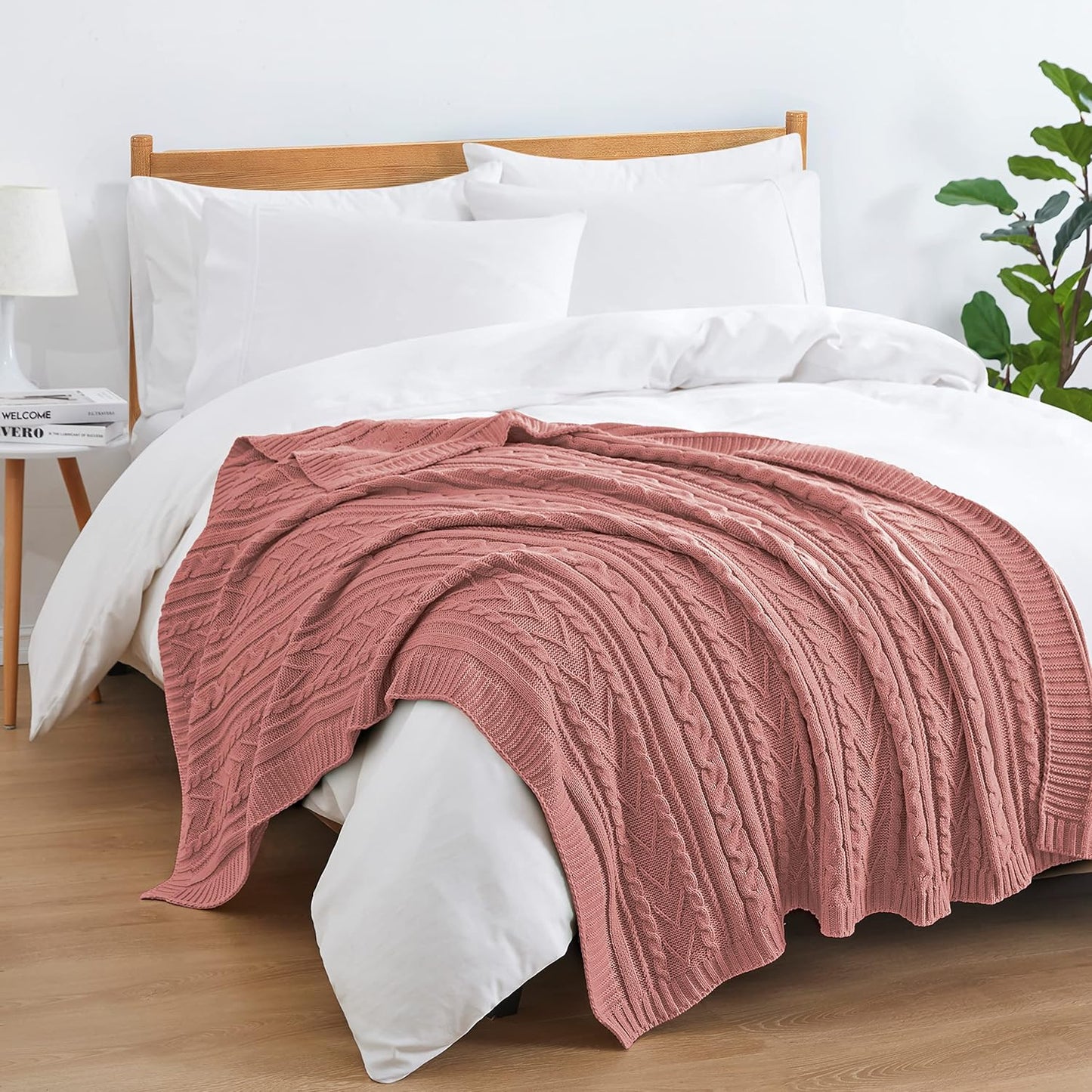 Aormenzy Dusty Pink Cable Knit Throw Blanket Oversized 60" x 80" Super Soft Comfy Knitted Blanket for Couch Bed Sofa, Twin Size