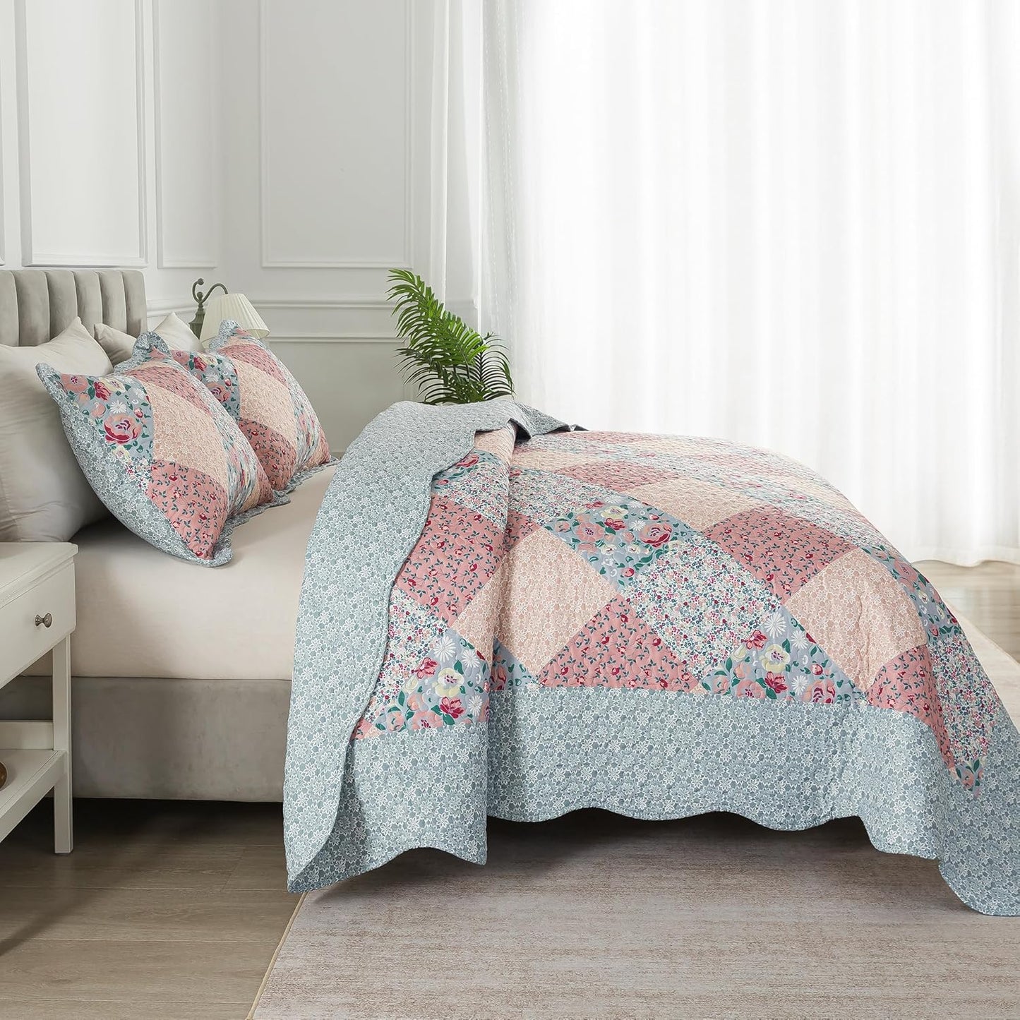 HoneiLife Quilt Set Queen Size - Quilted Bedding Sets 3-Pieces,Microfiber Quilt Sets Lightweight Bedspreads Retro Bed Cover Coverlets for Queen Bed