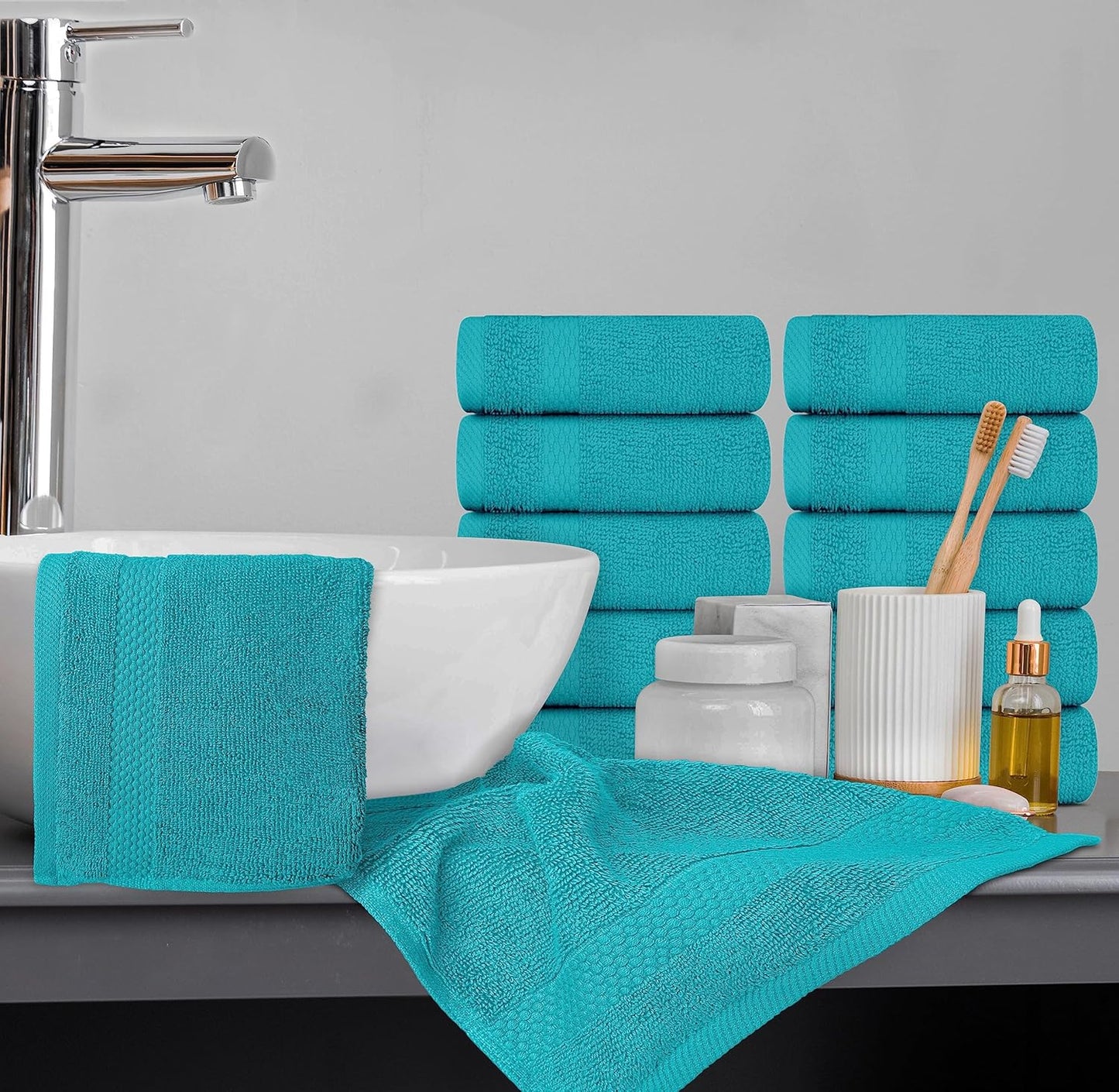 White Classic Luxury Cotton Washcloths 13x13 Inch - 650 GSM Turkish Cotton | Hotel, Spa, Bathroom Face Towel | 12 Pack, Aqua