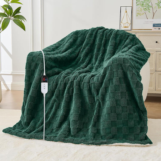 Electric Heated Blanket Twin Size - Jacquard Checkered Sherpa 62"x84" Fast Heating Bed Blankets with 6 Heating Levels & 10 Hours Auto Off, Over-Heat Protection ETL, Dark Green
