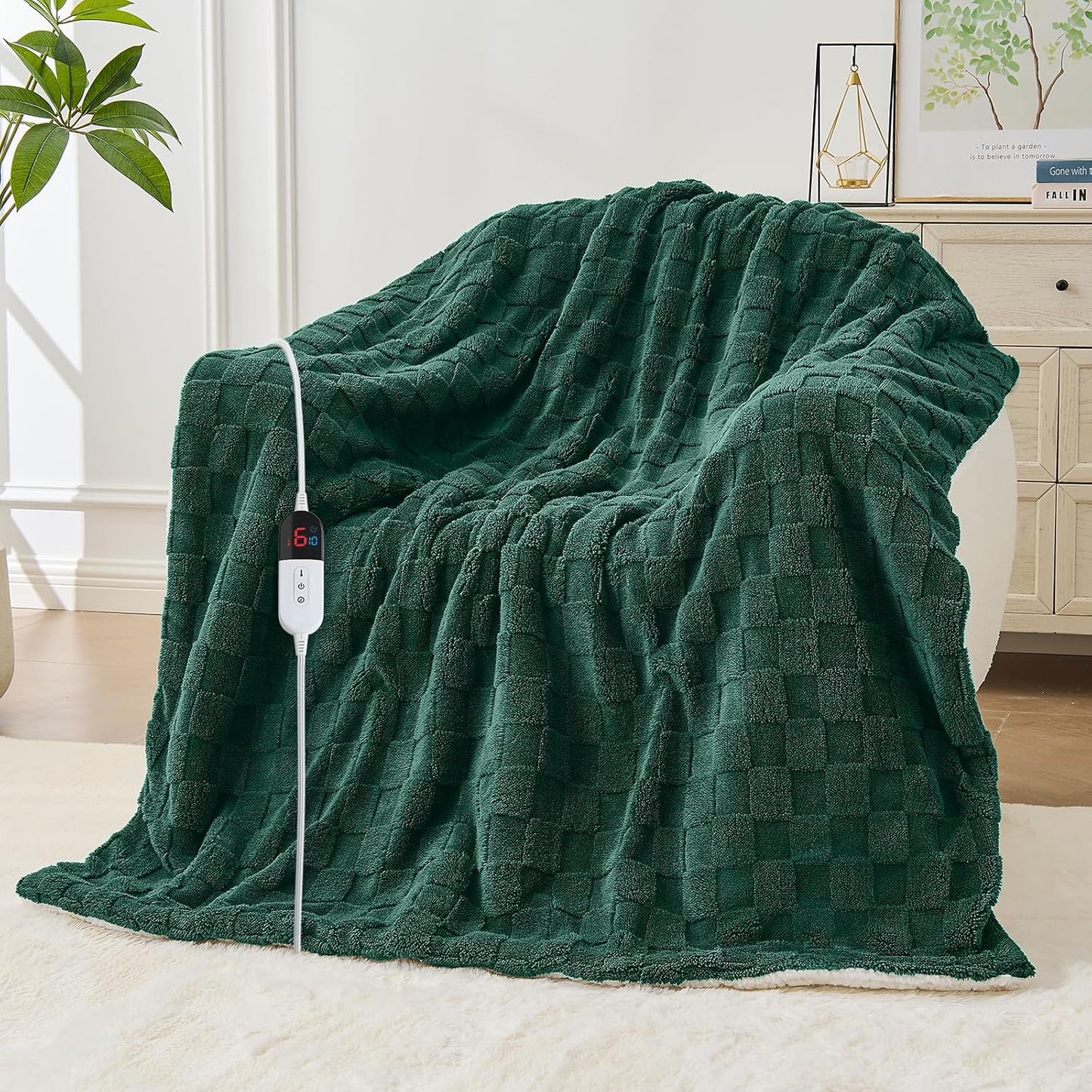 Electric Heated Blanket Full Size - Jacquard Checkered Sherpa 72"x84" Fast Heating Bed Blankets with 6 Heating Levels & 10 Hours Auto Off, Over-Heat Protection ETL, Dark Green
