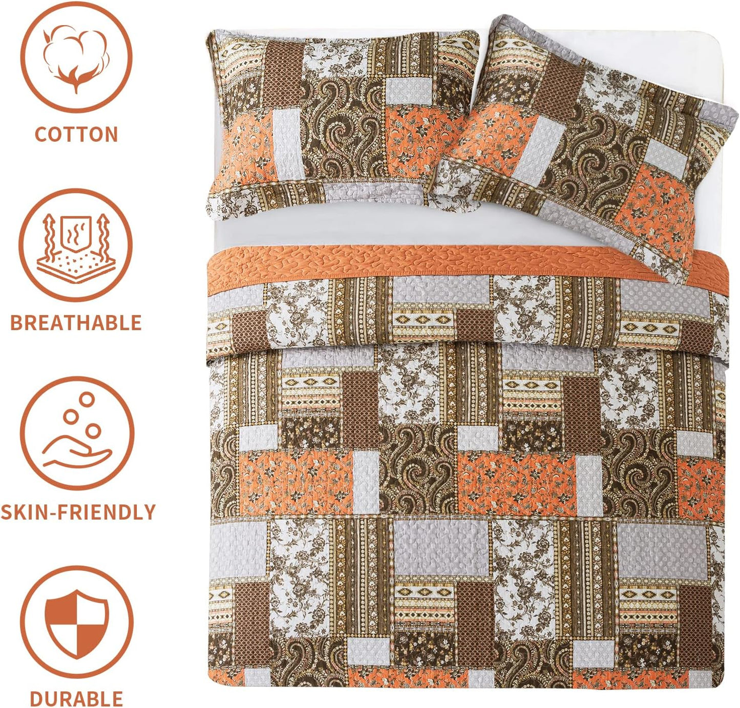 BEDIFANY Cotton Quilts King Size for Farmhouse- Fall Patchwork Bedspread Set - Highly-Woven Soft Reversible King Size Bed Spread for All Seasons (Floral Orange) 3 Pieces