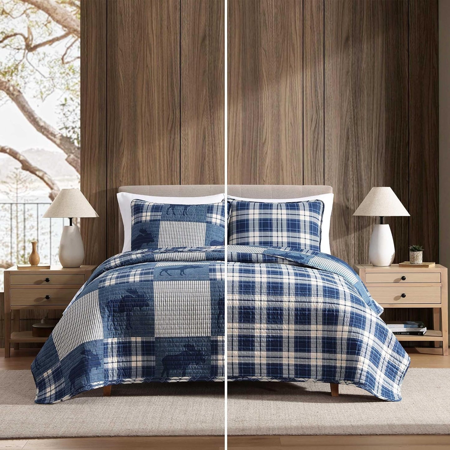 Eddie Bauer - King Quilt Set, Naturally Soft Cotton Bedding w/a Lightweight Feel for All-Year Comfort, Reversible w/Matching Pillowcases, 3 Piece Bed Set (Moose Plaid/Pinstripe/Patchwork Blue)