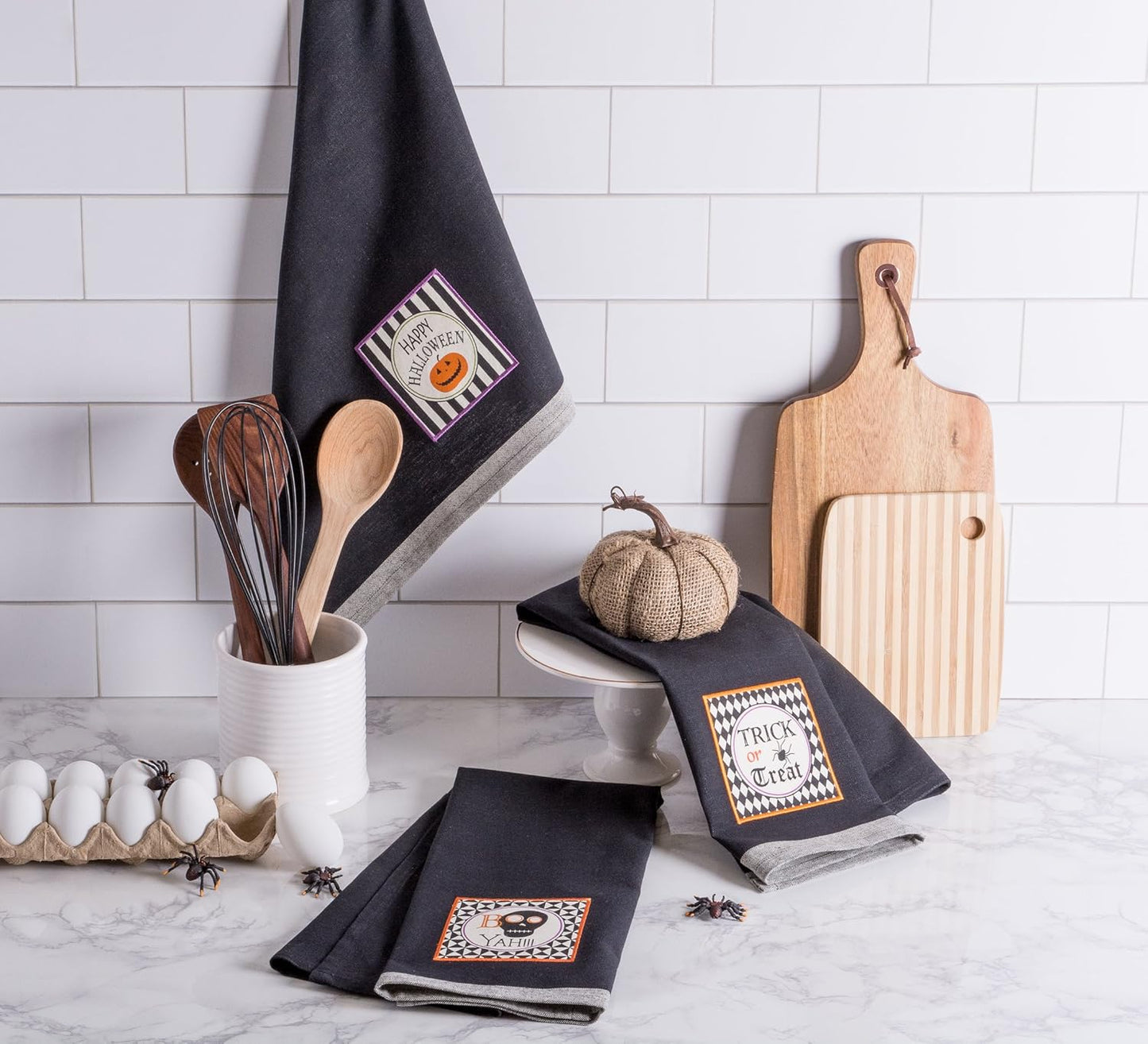 DII Happy Halloween Dishtowel Collection Embellished Cotton Kitchen Hand Towel Set, 18x28, Black All Hallows Eve, 3 Count